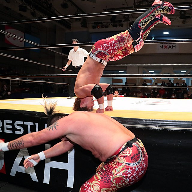 Nioh and Haoh's match, with Haoh just having received a DDT on the ring apron