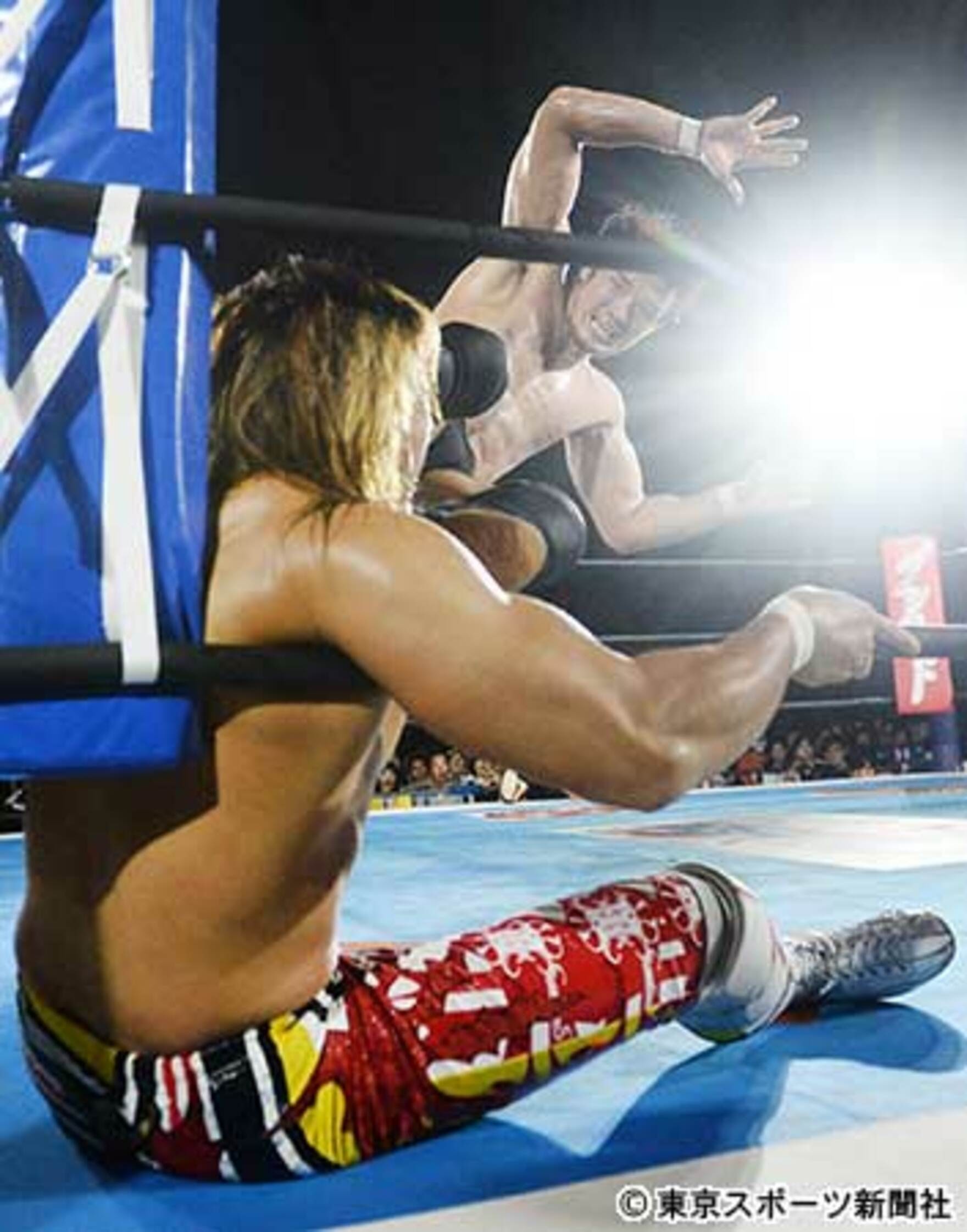 Image of Shibata dropkicking Tanahashi in the corner of the ring. 