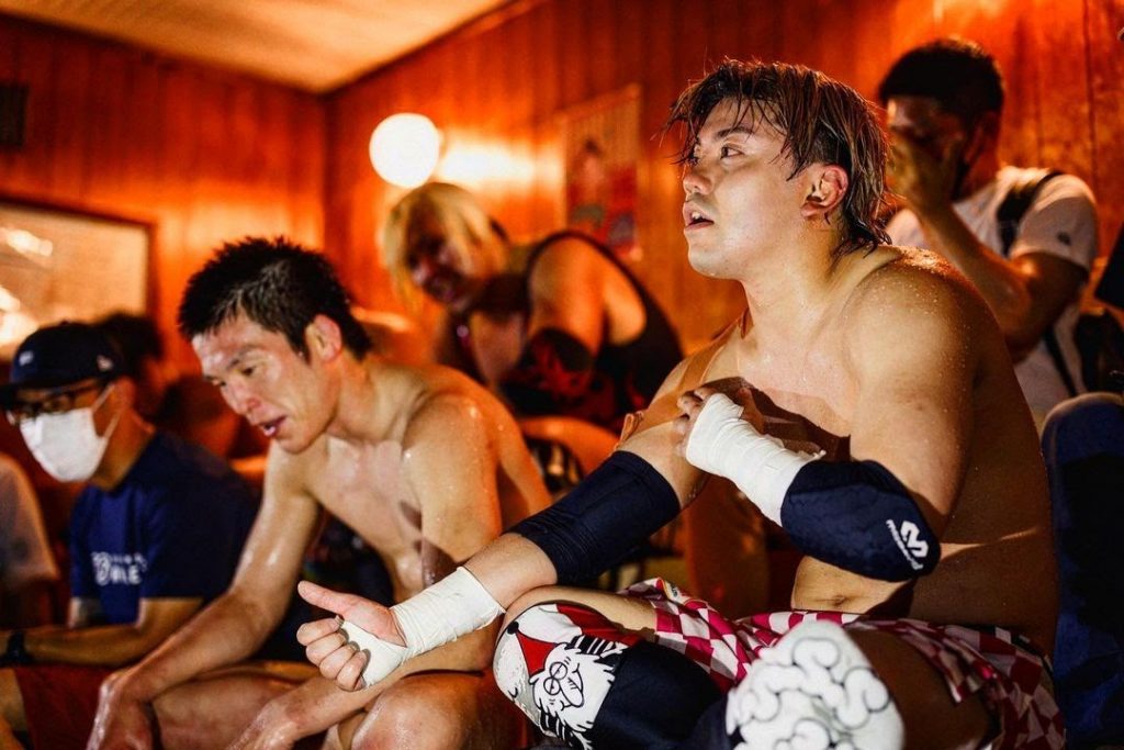 Photos of Shunma mid and post match, based in a sauna setting