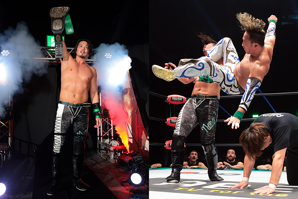 Two images from the Marufuji vs Jake match. One shows Jake holding aloft the GHC belt. The other shows Marufuji launching an attack on Jake. Both show their green wrist and hand coverings.
