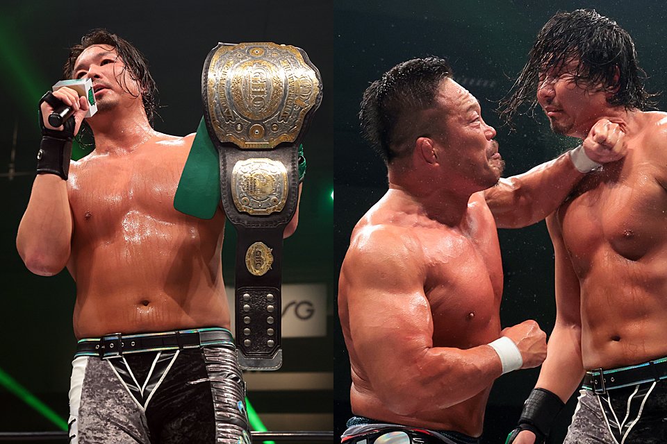 Two images from the Sugiura v Jake match. Both show the wrestlers dripping with sweat and exhausted.